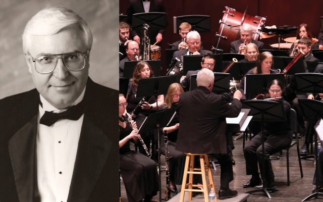 Mark Felder headshot next to an image of him conducting