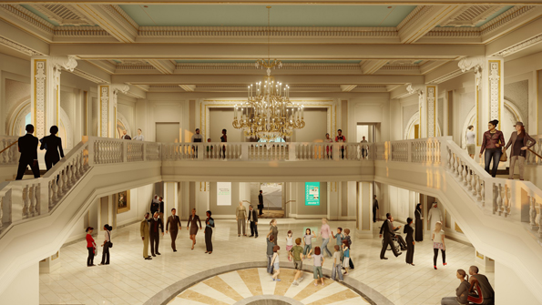 A digital rendering of a grand space with people of various ages and genders walking around. At ground level, a cream-colored marble floor features an oval pattern in the center of the room. Two staricases are on the sides and lead to a mezzanine level. A large crystal chandelier hangs from the center of the ceiling.