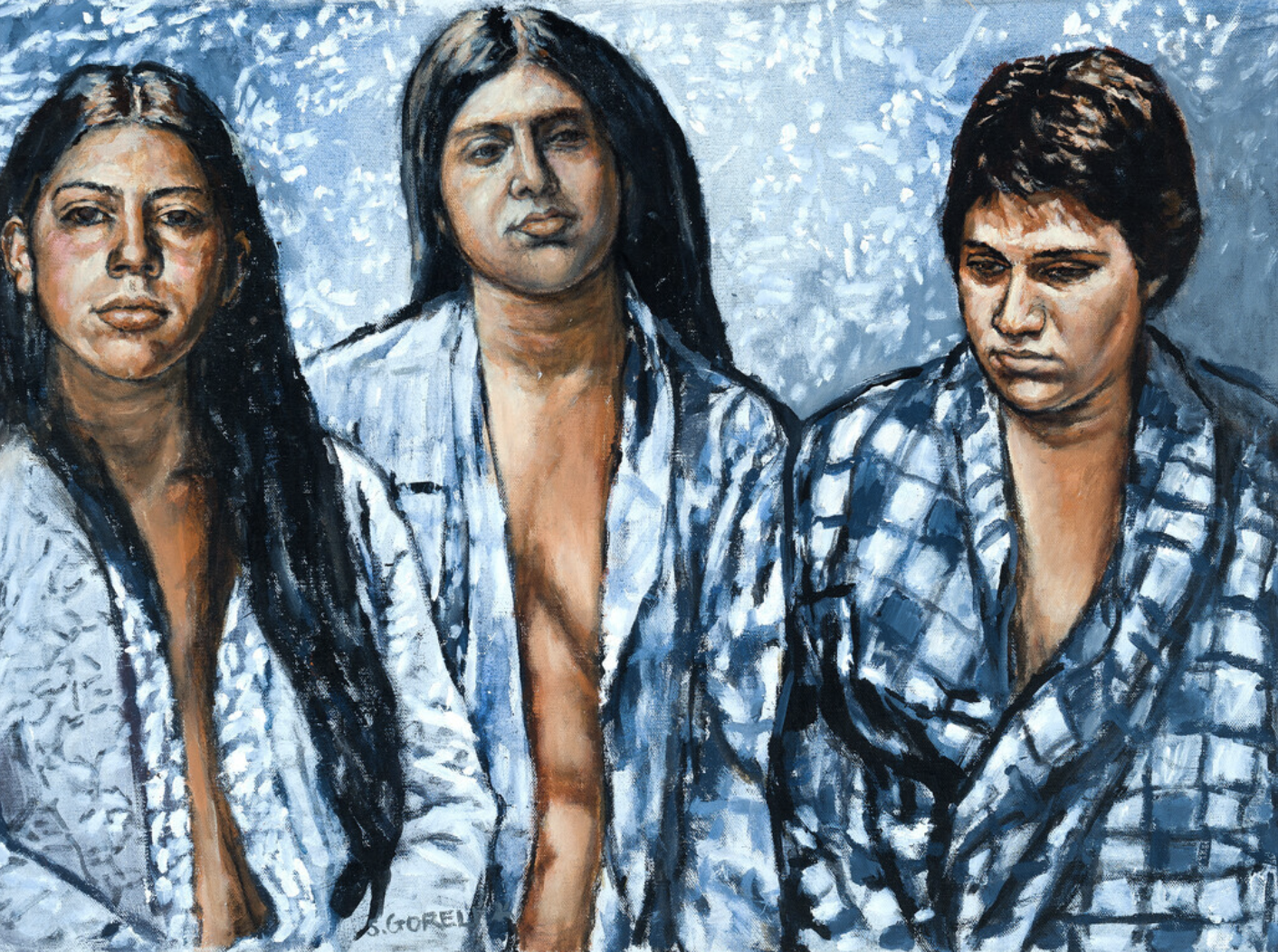 Three figures with medium-light skin and dark hair, against a blue background. They are wearing blue jackets with the fronts gaping open.