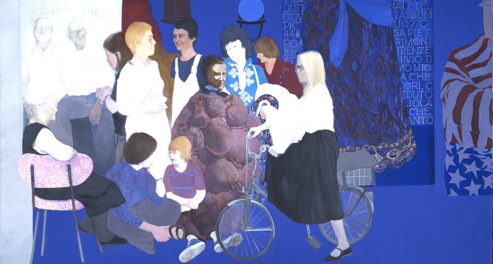 A painting with a primarily blue tone with a frieze-like composition of eight female figures, all artists and writers. At the left is a woman seated at profile in a pink chair, with the outline of two men in aprons in the background. At the front center is a woman crouched by a young child. One of the figures is the artist Louise Bourgeois in a wearable sculpture of soft bulbous shapes. Another figure is half seated on a bicycle, depicted in profile. To the right in the background of the painting several artworks are depicted, including one with an American flag.