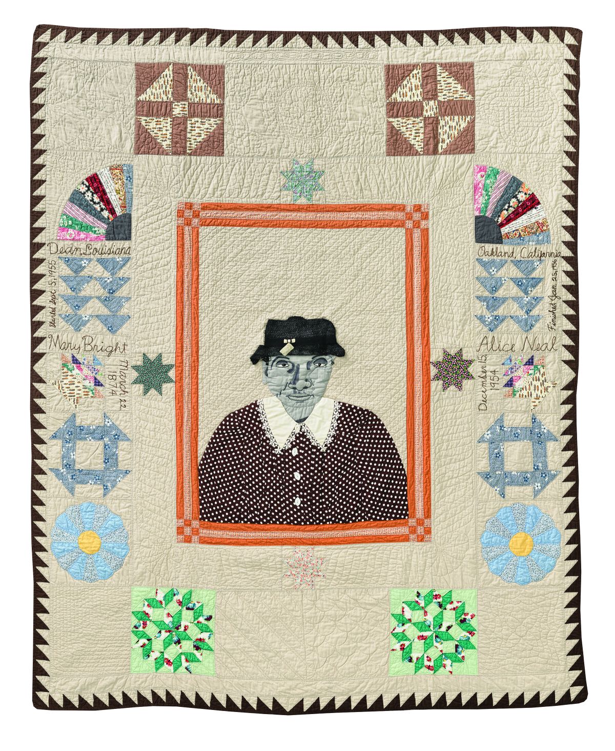 A cream colored quilt with a red border of small triangles. The central panel is a pierced image of a woman with a black hat and a white collar. The quilt includes several geometric forms in blue, a fan in multi-colors, green rosettes in pierced fabric.