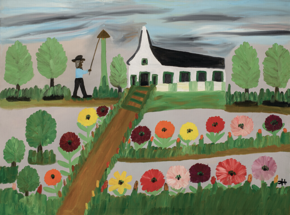 A simply painted farm scene, with a dark skinned figure at the top near a flat rendering of a white church, with a brown path running diagonally towards it. Green rows of grass with several large colorful flowers.