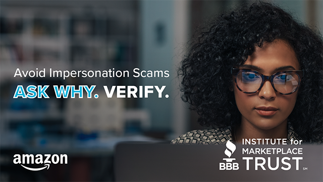 woman at computer, Avoid impersonation scams Ask Why Verify BBB institute for Marketplace Trust Amazon logo